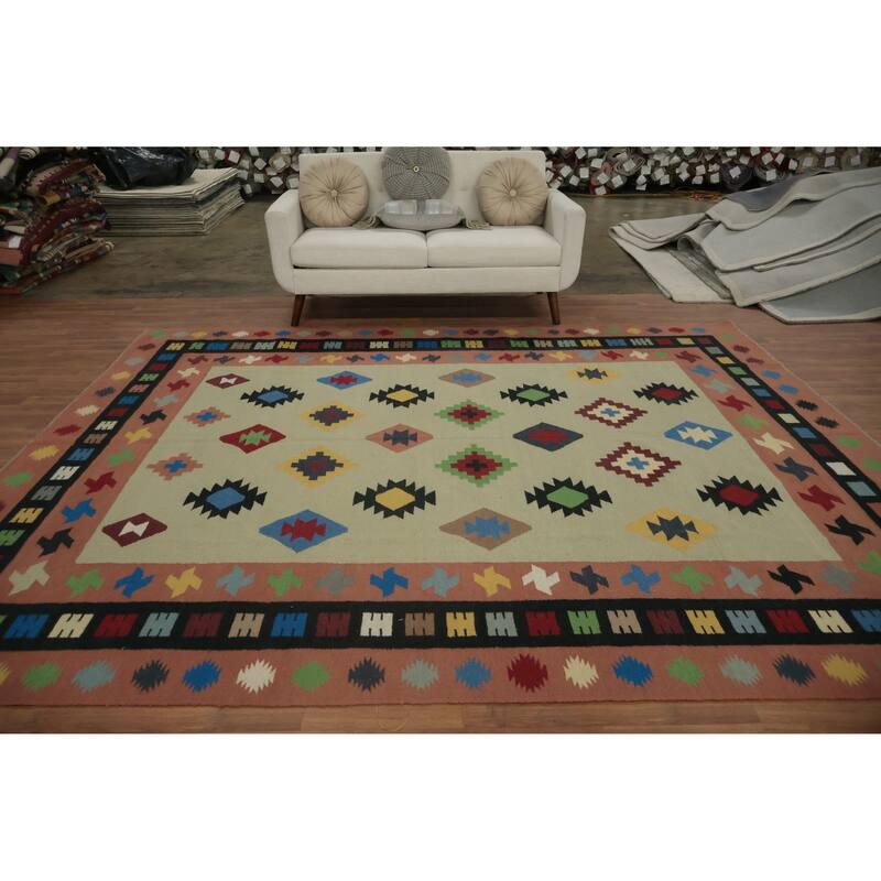 Hand Woven Oriental 100% Wool Carpet Southwestern Modern Green Kilim Area Rug - 10' 6'' X 8' 8''