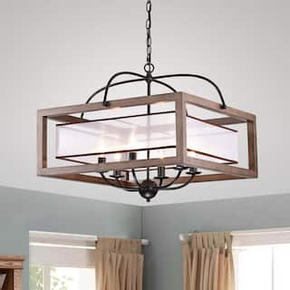 Alina 6-light Antique Black Metal Natural Wood Fabric Shade Chandelier
