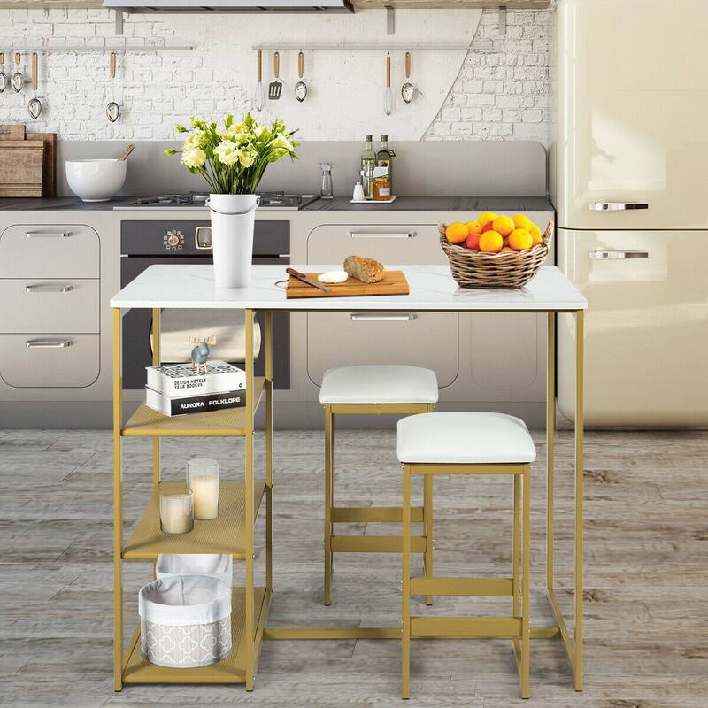 Gymax 3 Piece Pub Set w/ Faux Marble Top Bar Table and 2 Stools Dining