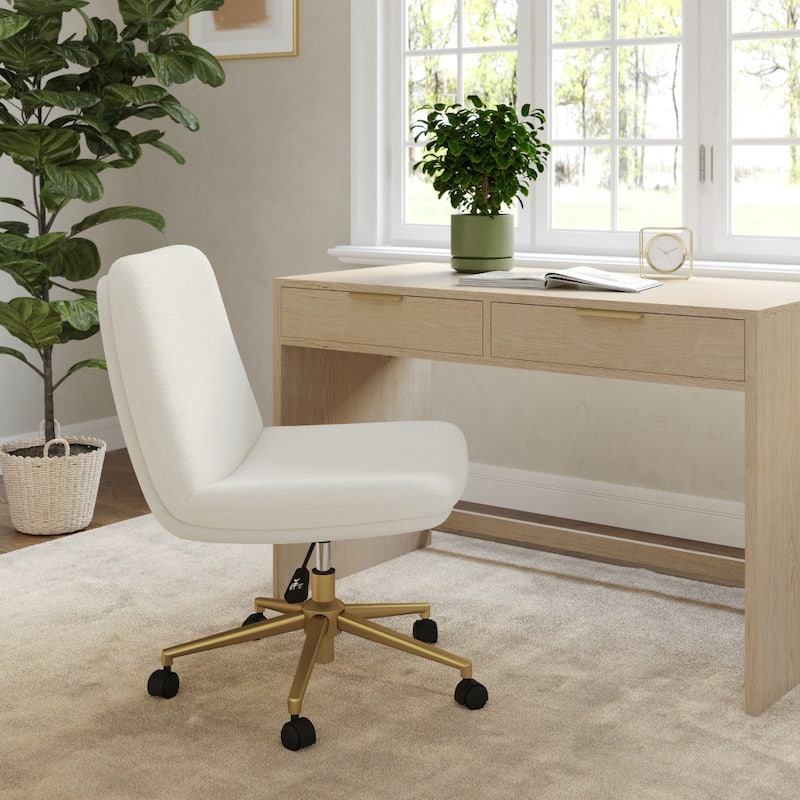 Martha Stewart Upholstered Swivel Home Office Chair with Wide Seat -  White Boucle/Polished Brass Frame