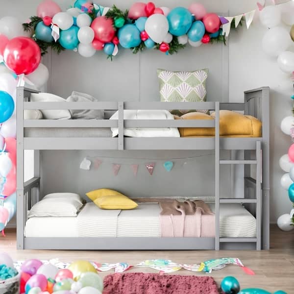 slide 2 of 26, Classic Traditional Style Twin Over Twin Bunk Bed with Ladder Grey