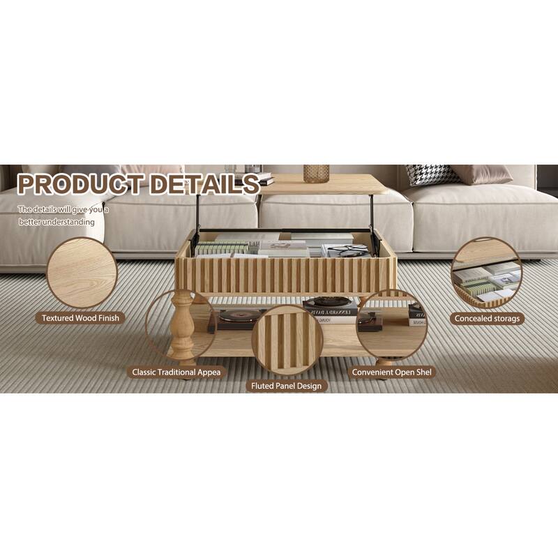 Roomfitters 31.5" Square Lift Top Coffee Table, Fluted Storage Center Table with Hydraulic Mechanism and Solid Wood Legs