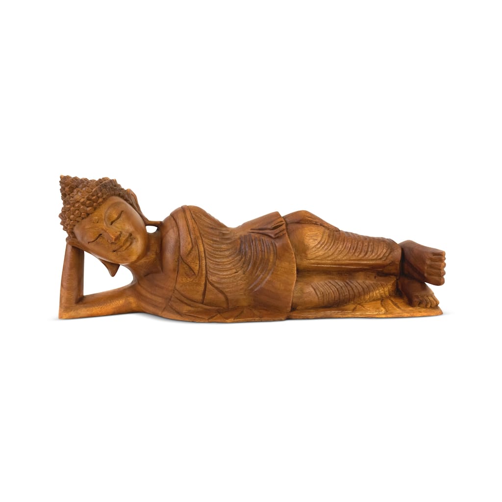 Wooden Hand Carved Serene Reclining Buddha Statue Sculpture Handmade Figurine Decorative Home Decor Accent Handcrafted