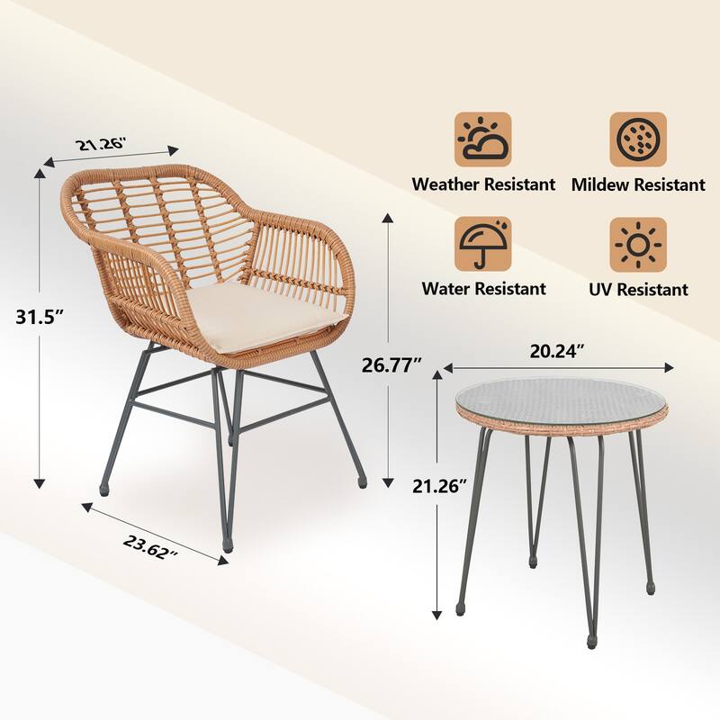 Wicker Bistro Set Outdoor Furniture with Cushions (Set of 3) by Tappio - 21.2"L x 23.6"W x 31.5"H