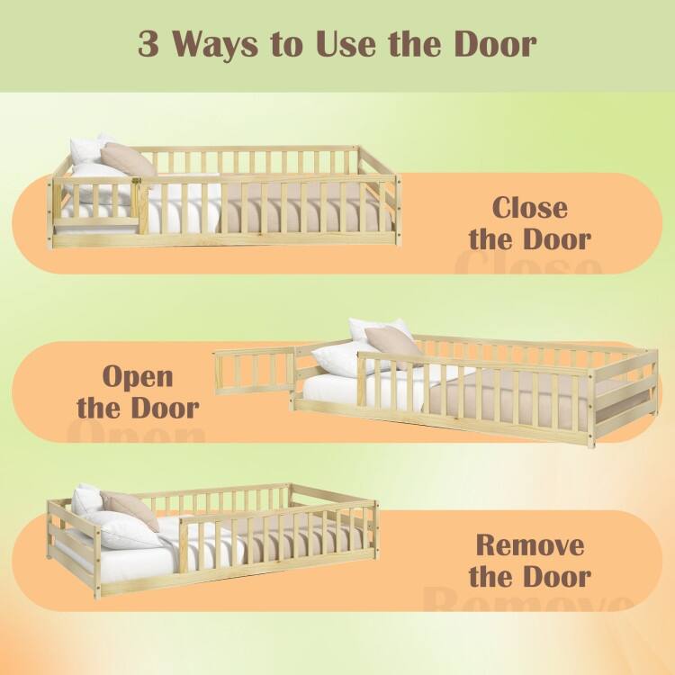 Twin Size Kids Wood Montessori Floor Bed with Door and Fence