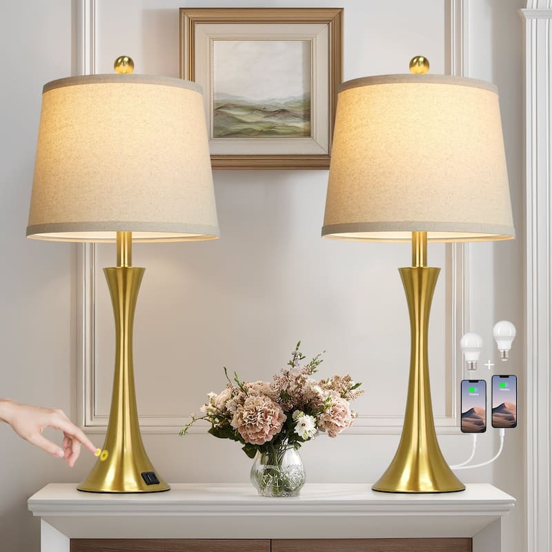 Set of 2 Modern 26-Inch Table Lamps with Dual USB Charging Ports and Oatmeal Fabric Shades - 12'' x 12'' x 27.5'' - Gold