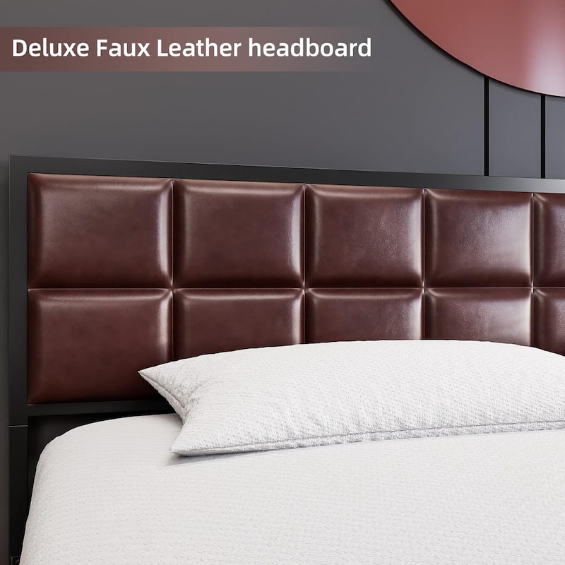 Faux Leather Platform Bed Frame with Upholstered Square Stitched Headboard