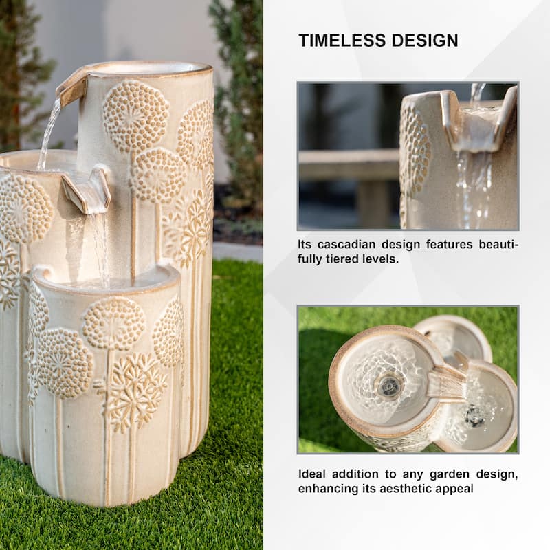 XBrand 25 in H Freestanding Cascadian Outdoor Garden Fountain w/Flower Details & Warm LED Lights, Ceramic, Beige