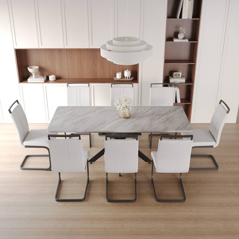 Modern Dining Set with Rectangular Extendable Table & C-shaped Tube Soft Padded Armless Chairs