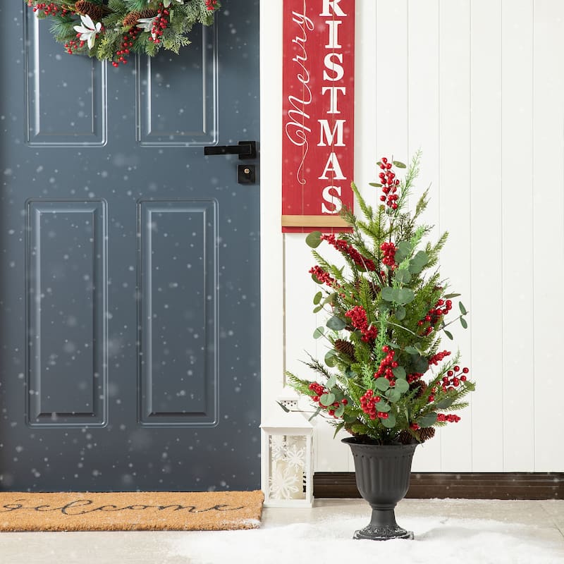 Glitzhome 3ft Christmas Lighted Pine Needle and Eucalyptus Leaf Urn Porch Tree with Timer