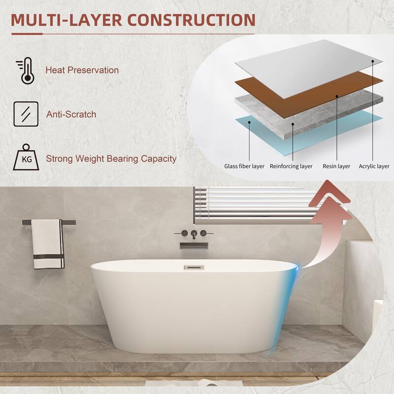 54"/59"/67" Acrylic Freestanding Bathtub, Soaking Bathtubs with Overflow & Pop-up Drain, White Stand Alone Tub