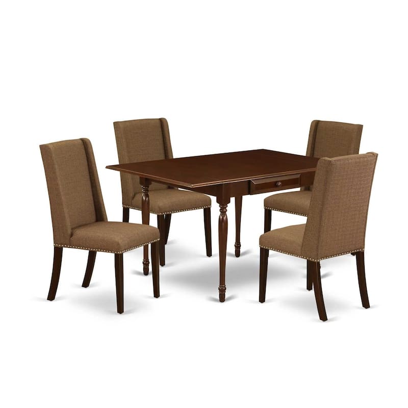 HomeStock 5-Pc Mahogany Finish Solid Wood Top - Upholstered Dining Room Set with Leaf - Seats 4