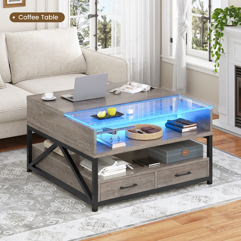 Coffee Table Lift Top 2 Drawers Hidden Compartment for Living Room