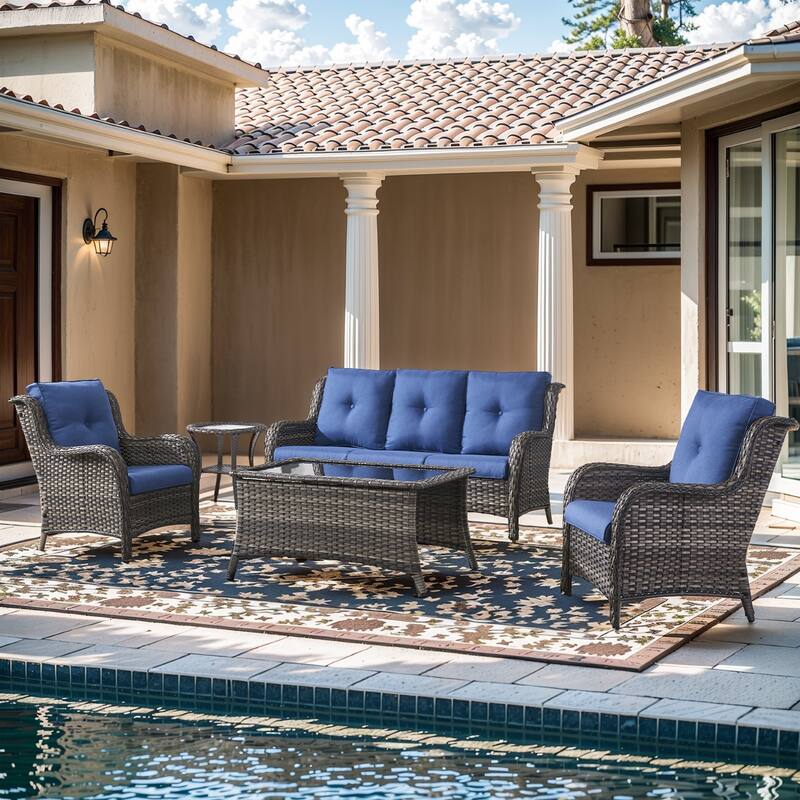 Pocassy Outdoor Patio Sofa Chairs with Coffee Table - 5 Pieces 3-Seat Sofa Patio Chair with Table - Grey Rattan Blue Cushion