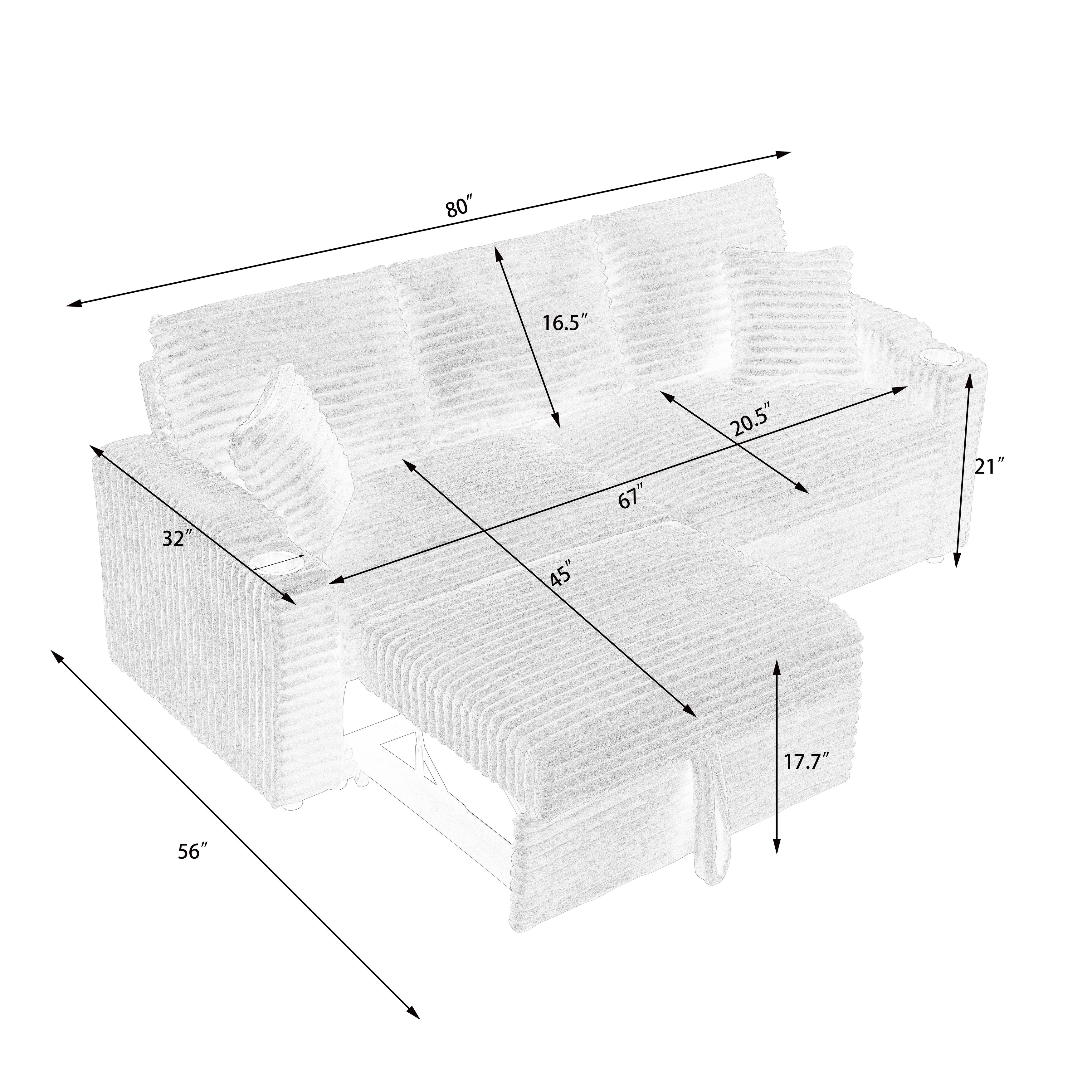 2-in-1 L-shaped Sectional Sofa with Foldable Hidden Chaise, Corduroy Upholstered Lounge Couch with Cup Holders and Pillows