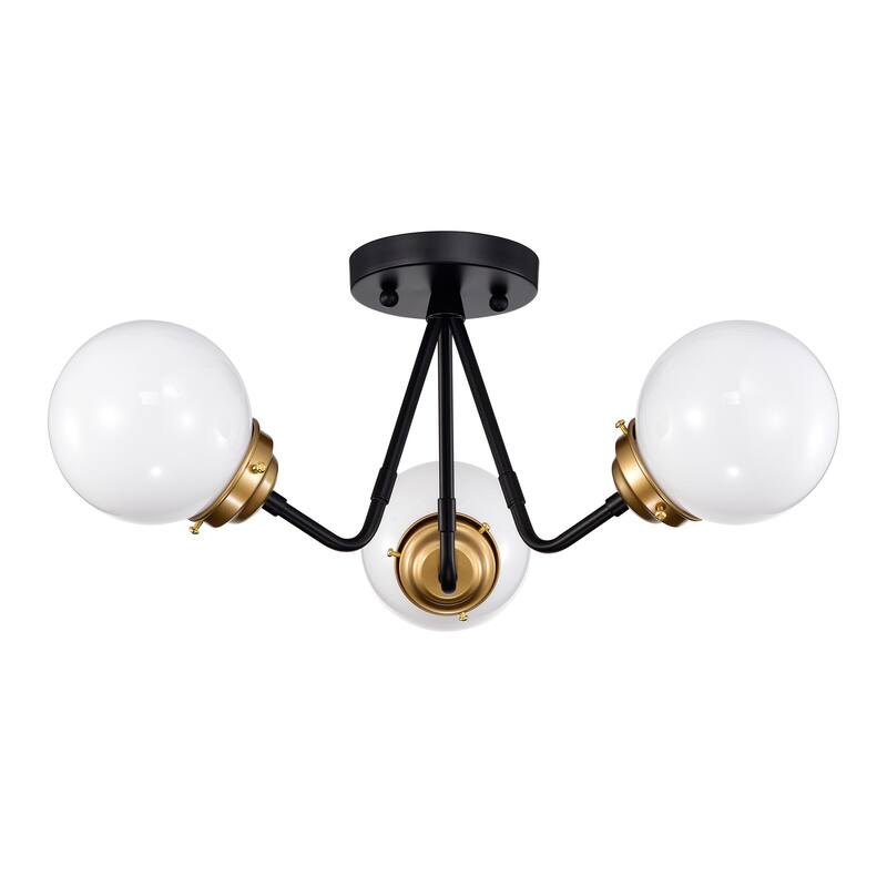 Meylin Matte Black+Gold 3-Light Glossy Glass Globe Semi-Flush Mount