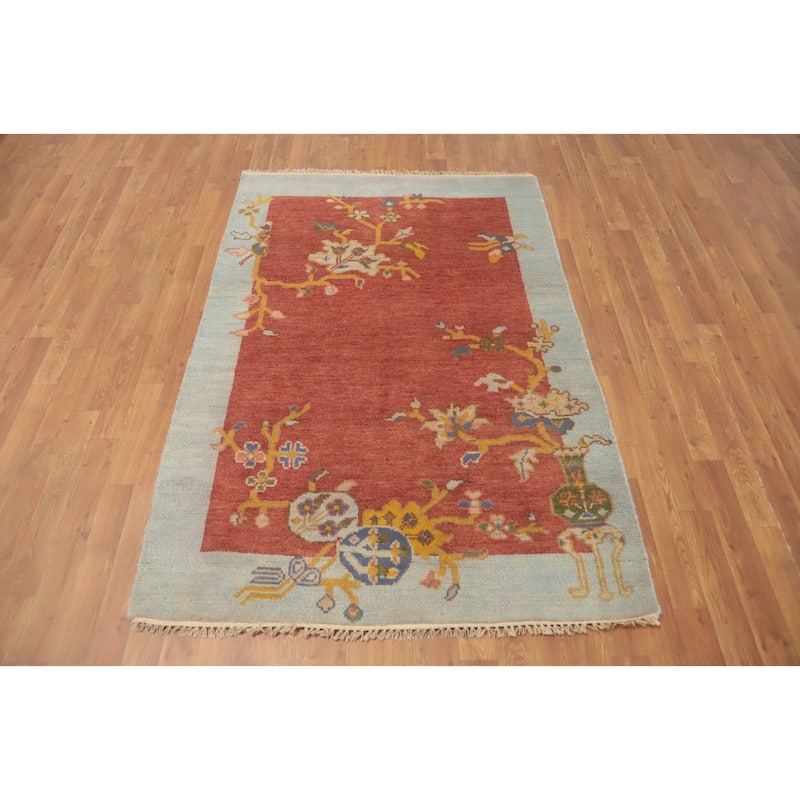 Hand-knotted Traditional Wool Orange Floral Area Rug Oriental Carpet - 5' 10'' X 4' 0''