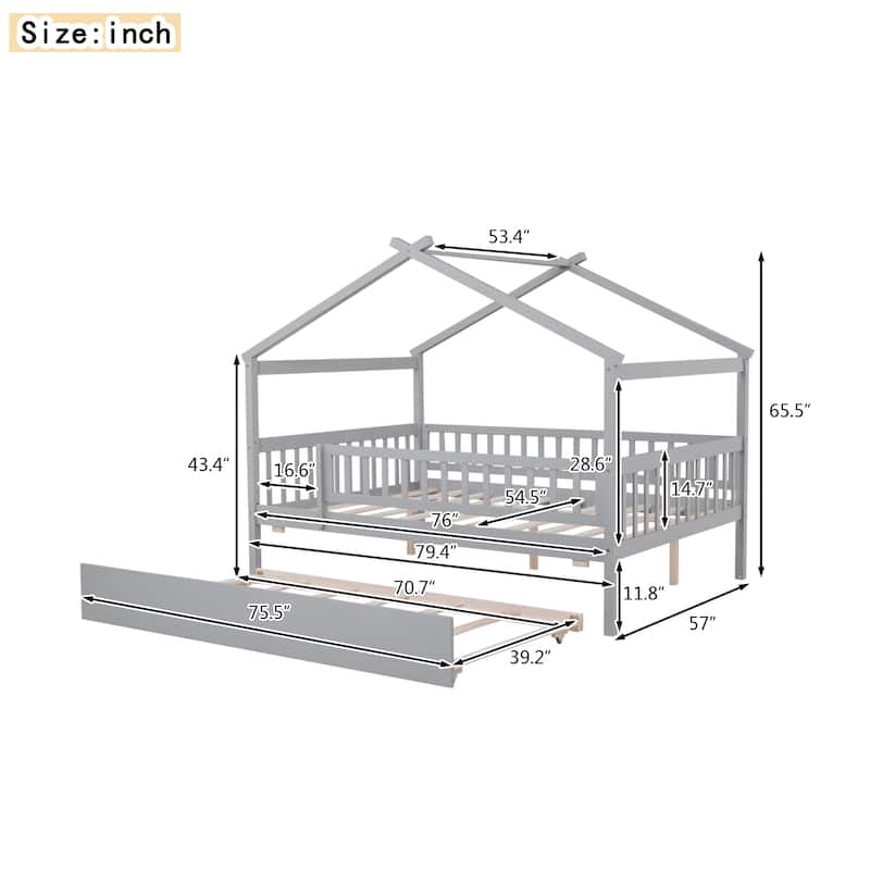 Montessori Bed House Bed with Trundle Bed and Headboard, Wood Daybed Platform Bed Frame No Box Spring Needed for Boys Girls