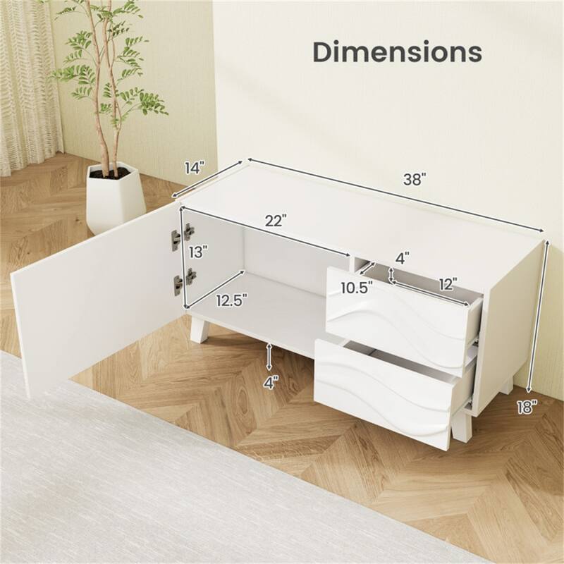 White TV Stand and Media Console for TVs up to 44 Inches with Cabinet Drawers Engraved Front and Splayed Legs - 38" x 14" x 18"