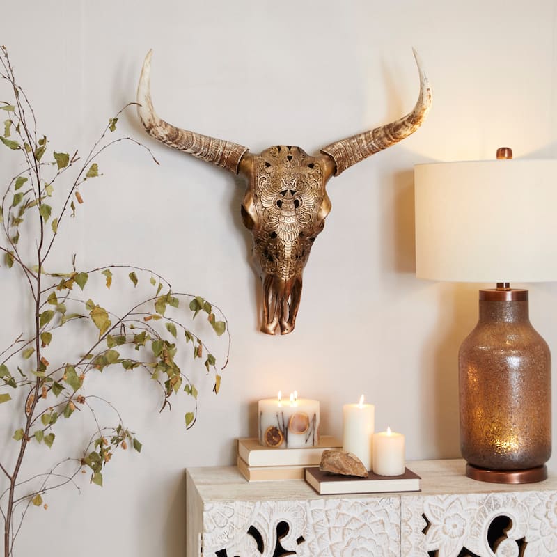 Polystone Cow Carved Skull Wall Decor - Bronze - Roche River Decor