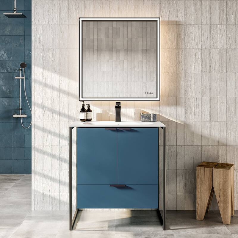 Moma 24" Blue Wall Mount SS Bath Vanity with Solid Surface Top & Integrated Sink