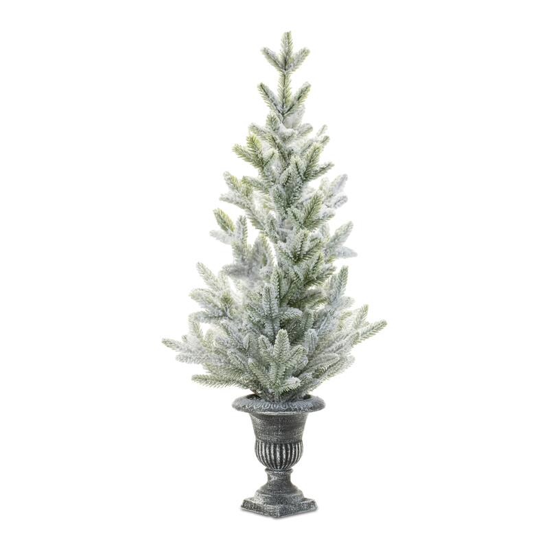 2 Foot Mini Pine Tree with Decorative Urn Indoor Artificial Christmas Tree with Frosted Green and White Branches - White, Green
