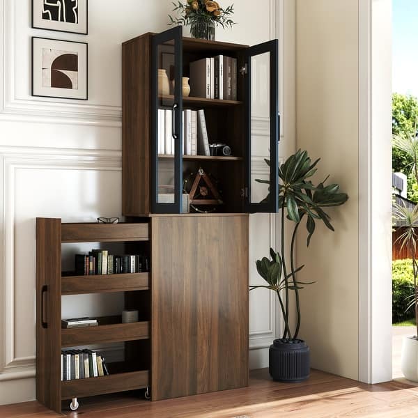 slide 2 of 30, 70.87" H Display Storage Cabinet, Modern Wooden Tall Bookshelf Bookcase, 4 Tier multi-functional pull-out storage shelf Walnut