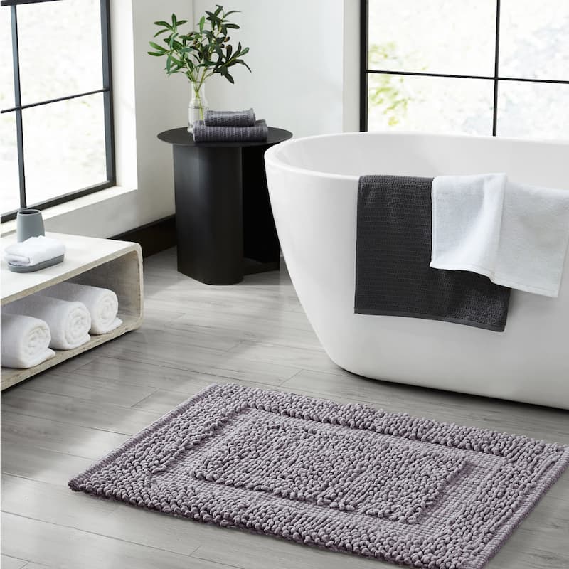 Sophie Border Ultra-plush Chenille Non-Slip Cotton Bath Mat - 20 x 32 - Charcoal Grey