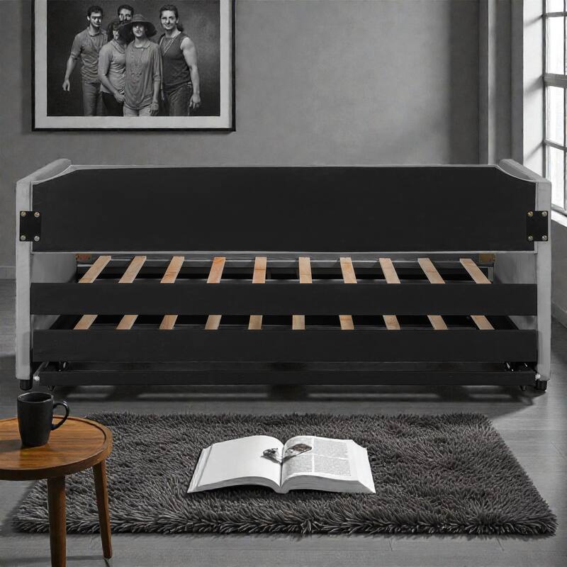 Twin Size Velvet Upholstered Daybed with Pop Up Trundle, 2-in-1 Sofa Bed for Guest Room or Kids Room