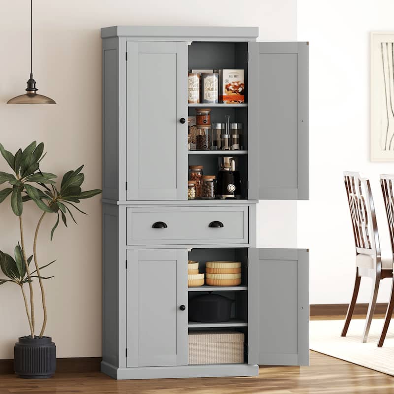 HOMCOM 72.5" Kitchen Pantry Cabinet, Traditional Freestanding Storage Cabinet with 4 Doors - Letter - Grey