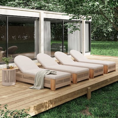 Teak-Effect Rope Chaise Lounge Set • Adjustable Recliner with Side Table • All-Weather Beige Cushions