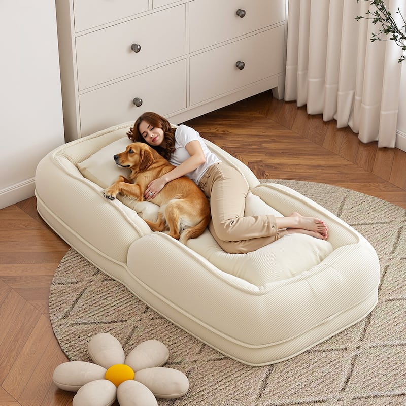 Upholstered Human & Dog Shared Sofa Bed, 5-Position Adjustable Foldable Lounger with Pillows