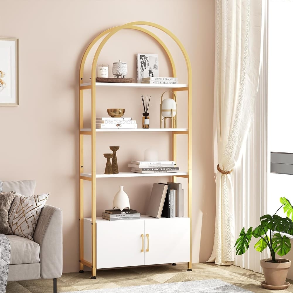 5 Levels Bookcase, Arched Shelf with Doors - 11D*31.5W*71.5H