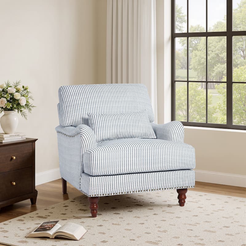 Mid Century Chenille Upholstered Accent Chair with Nailhead Trim - Pinstripe Blue-Linen - Linen