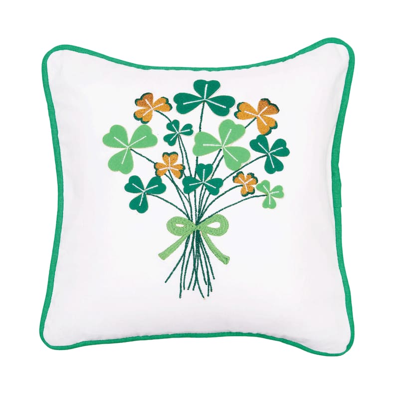 St. Patrick's Day Shamrock Bouquet Embroidered Mini Cotton Accent Pillow, 10" x 10"