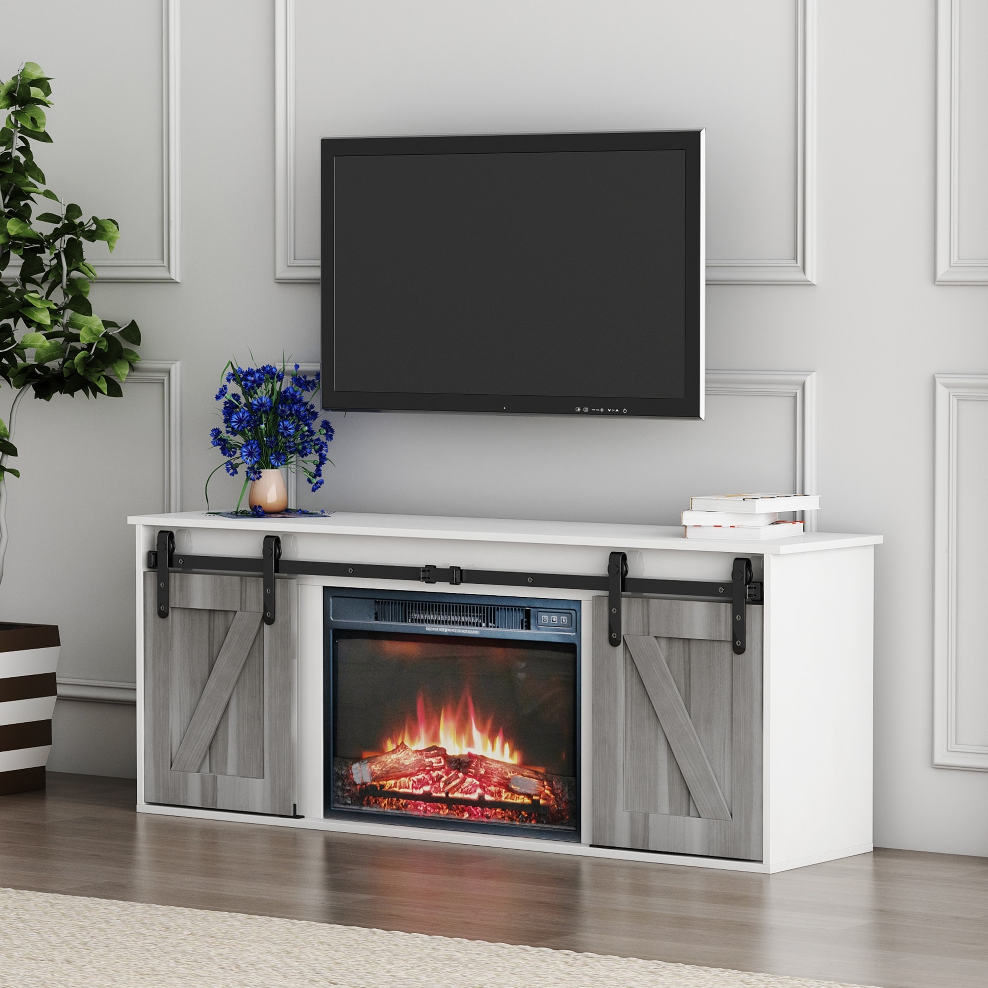 Rustic TV Stand with Electronic Fireplace and Sliding Barn Door