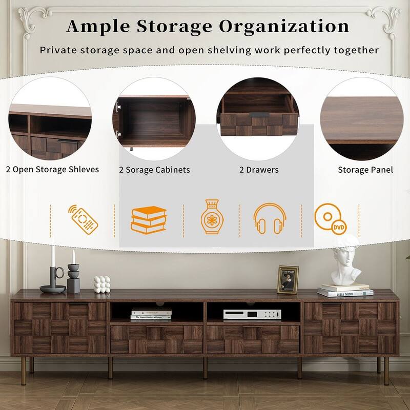 78 Inch Mid Century Modern TV Stand With Storage Cabinets - 15"W