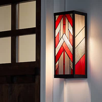 River of Goods Red Stained Glass and Black Satin Rectangular 1-Light Outdoor Wall Sconce - 6.25" x 5.5" x 16.25"