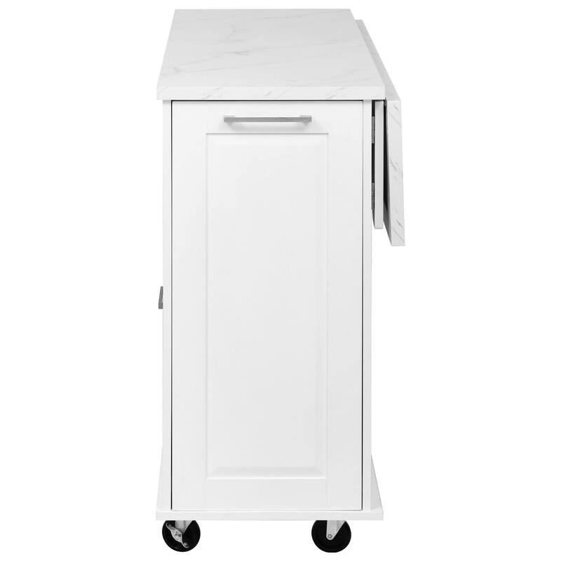 Marble Wood Top Dining Table, Rolling Kitchen Island withTilt Trash Can, Kitchen Cabinet with Drop Leaf Counter