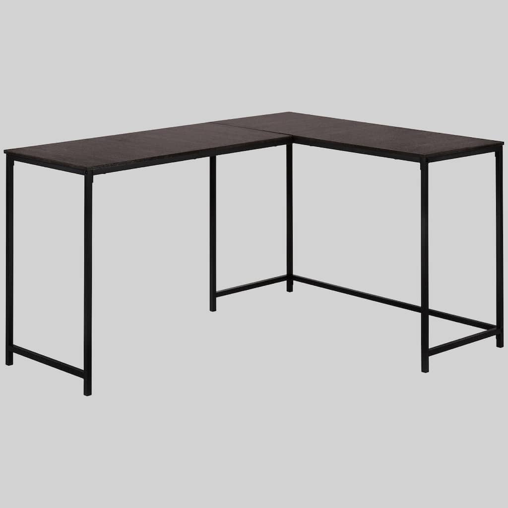 Modern 58" L-Shaped Computer Desk, Espresso Brown Laminate, Black Metal Frame, Space-Saving Design