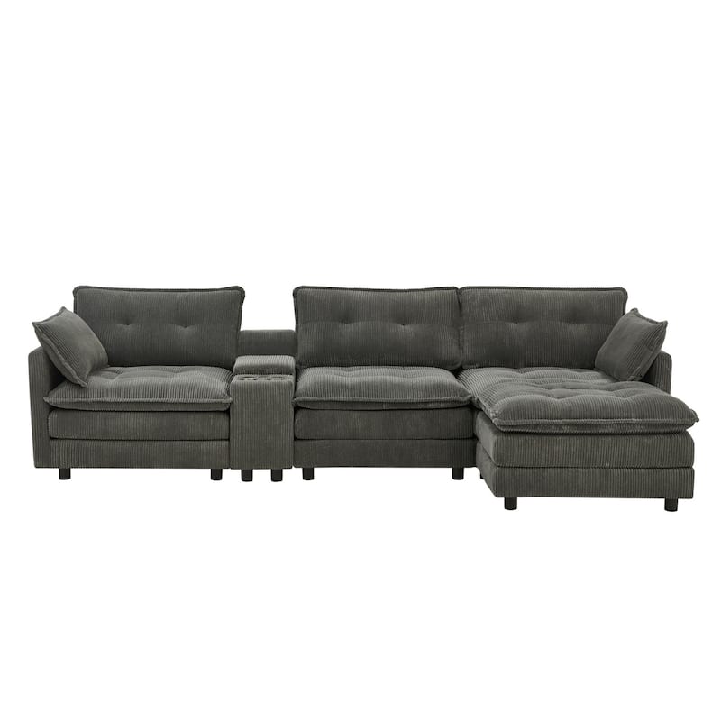 119.2" L-Shaped Corduroy Sectional Sofa with Console and Ottoman
