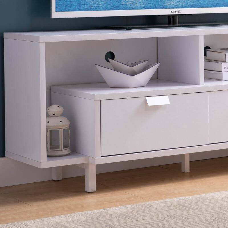 Modern 60" TV Stand with Two Shelves and Two Drawers - White - White