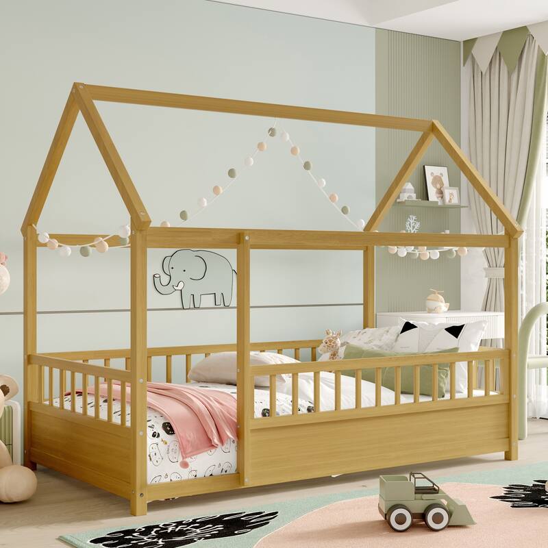 Natural Wooden Montessori Toddler Bed Floor House Bed Frame with Safety High Fence, Open Entran and Roof Design