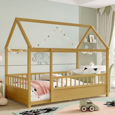 Wooden Floor House Bed without Slat, Kids Playhouse Bed Frame with Roof, Solid Pine House Shaped Bed Frame