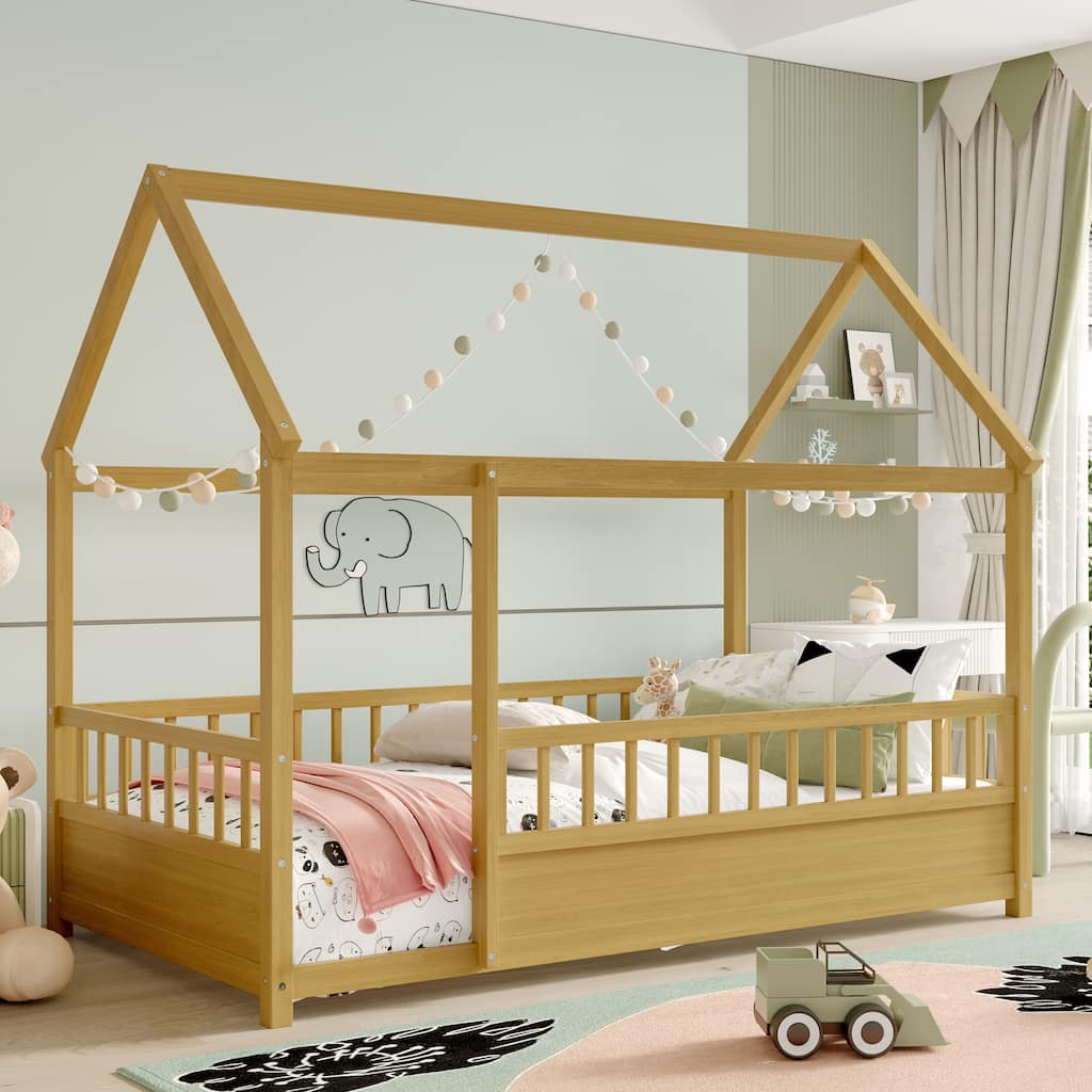 Wooden Floor House Bed without Slat, Kids Playhouse Bed Frame with Roof, Solid Pine House Shaped Bed Frame