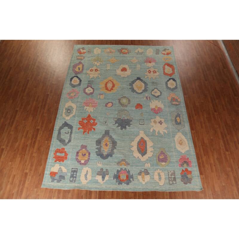 Light Blue Oushak Turkish Large Rug Handmade Vegetable Dye Wool Carpet - 10'3"x 14'0"