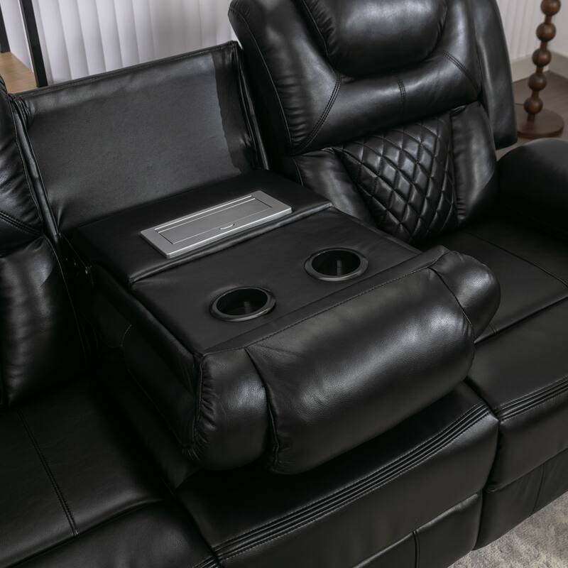 Home Theater Seating Manual Recliner Chair with Center Console and LED Light Strip for Living Room, Black