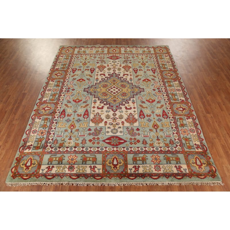 Tribal Green Geometric Heriz Serapi Area Rug Hand-Knotted Wool Carpet - 7'11"x 9'10"