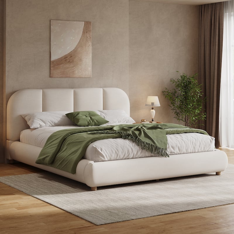 Christopher Knight Home - Modern Upholstered Linen Fabric Bed Frame with Wooden Leg - with Curved Headboard Design