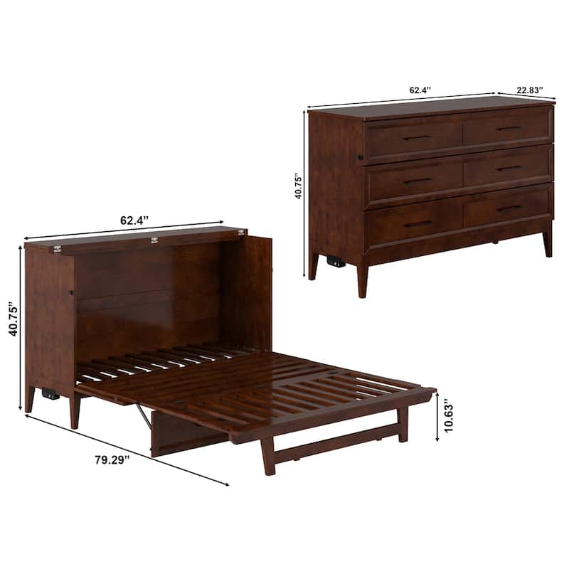 Solid Wood Murphy Bed Chest with Mattress & Charger - Twin, Full Sizes - Space Saving Furniture